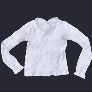 Brandy Melville White Long Sleeve V Neck Top with Lace Trim